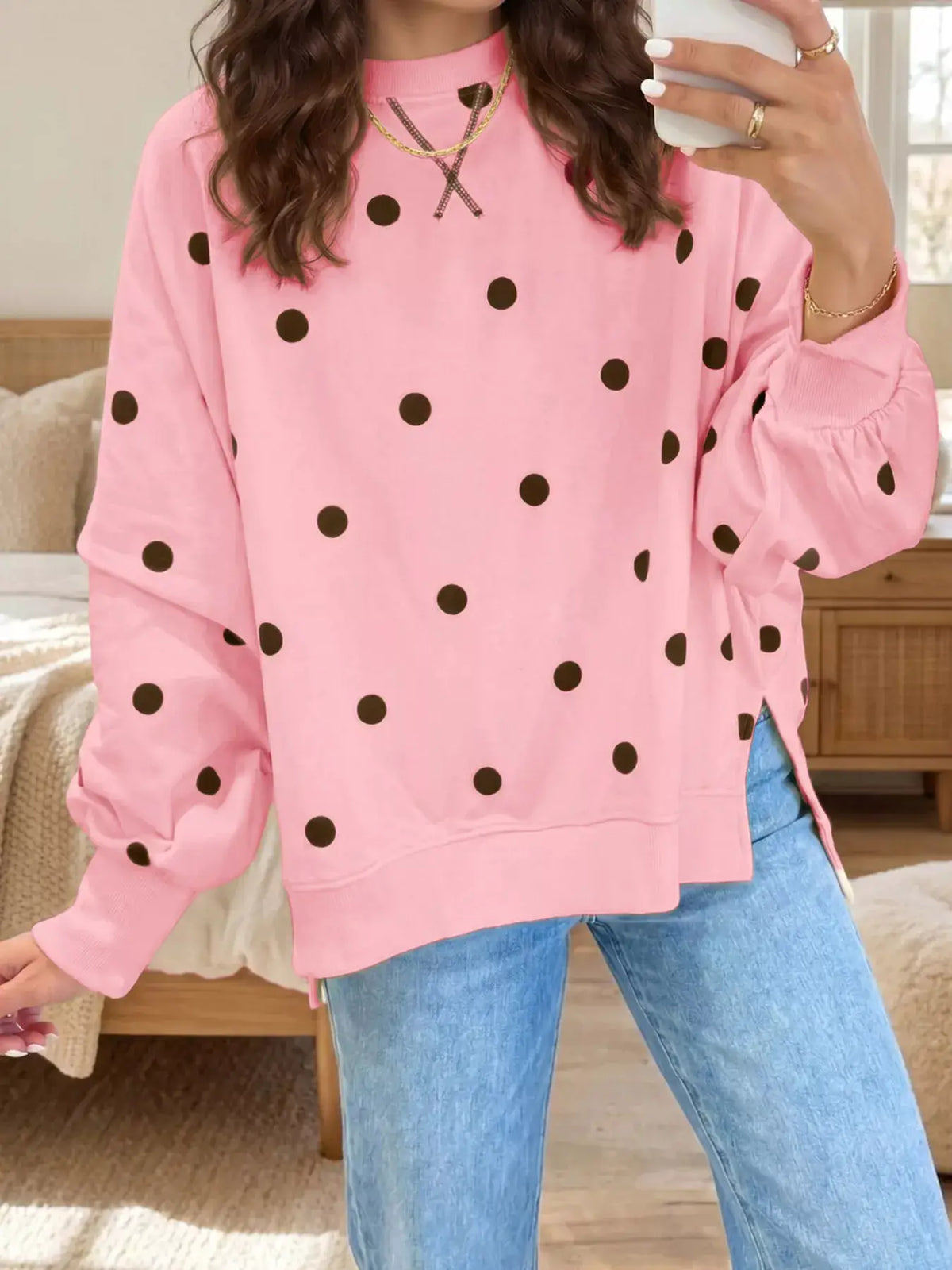 Side Slit Polka Dot Oversized Sweatshirt in pink with black dots by Trendsi