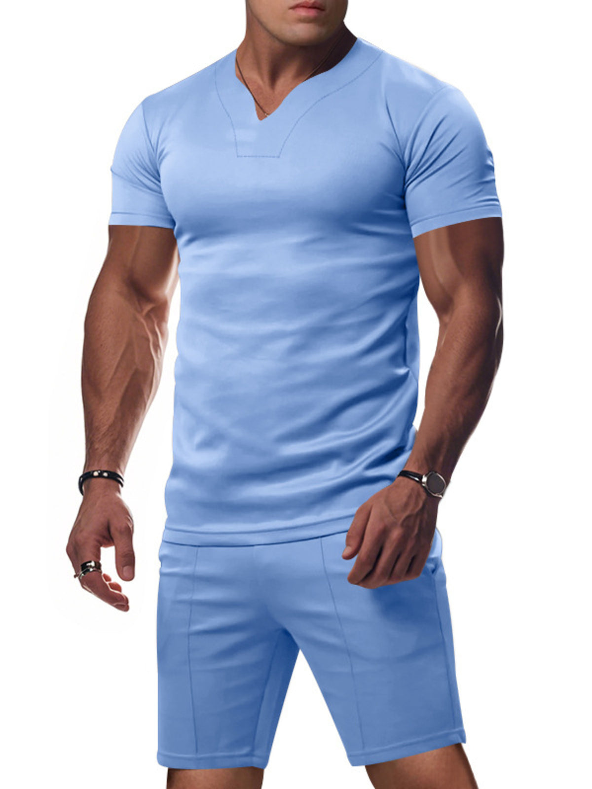 Men's plus-size light blue V-neck short-sleeve T-shirt and shorts set by Trendsi