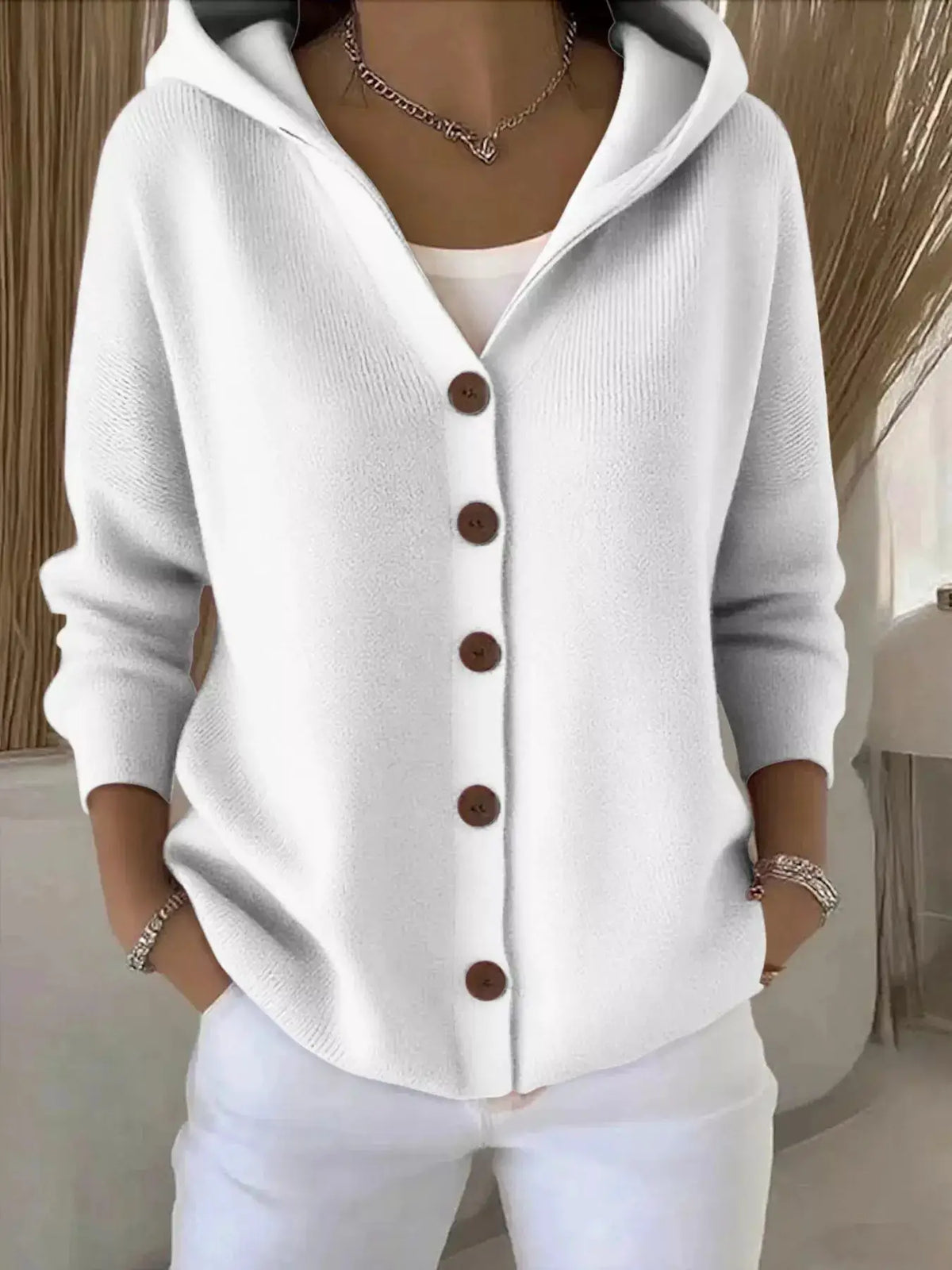 Plus Size Hooded Button-Front Soft Knit Cardigan for Women, white with brown buttons