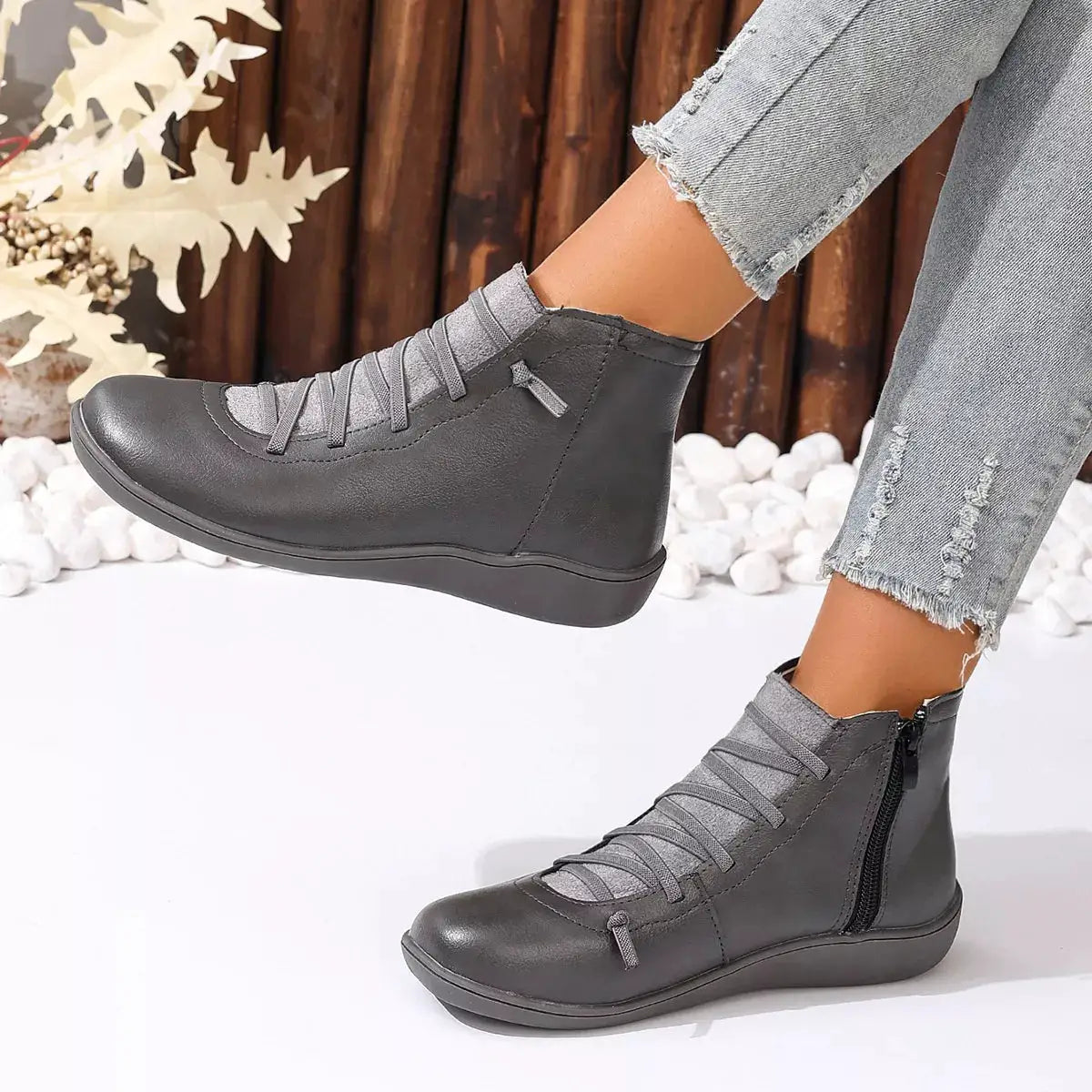 Lace-Up Faux Leather Ankle Boots by Trendsi in gray