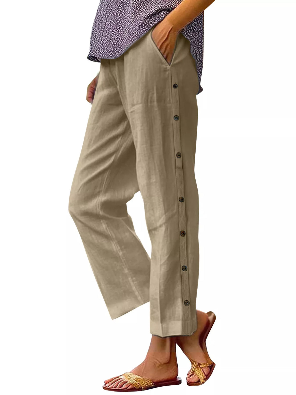 Full Size Side Button Decor Pants Plus Size, beige pocketed trousers