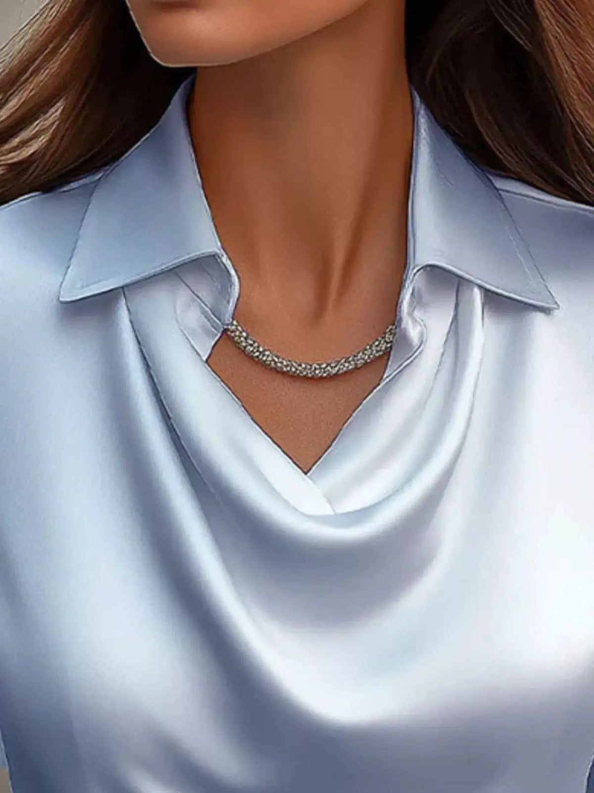 Full-size satin cowl-neck long-sleeve blouse in light blue for plus size.