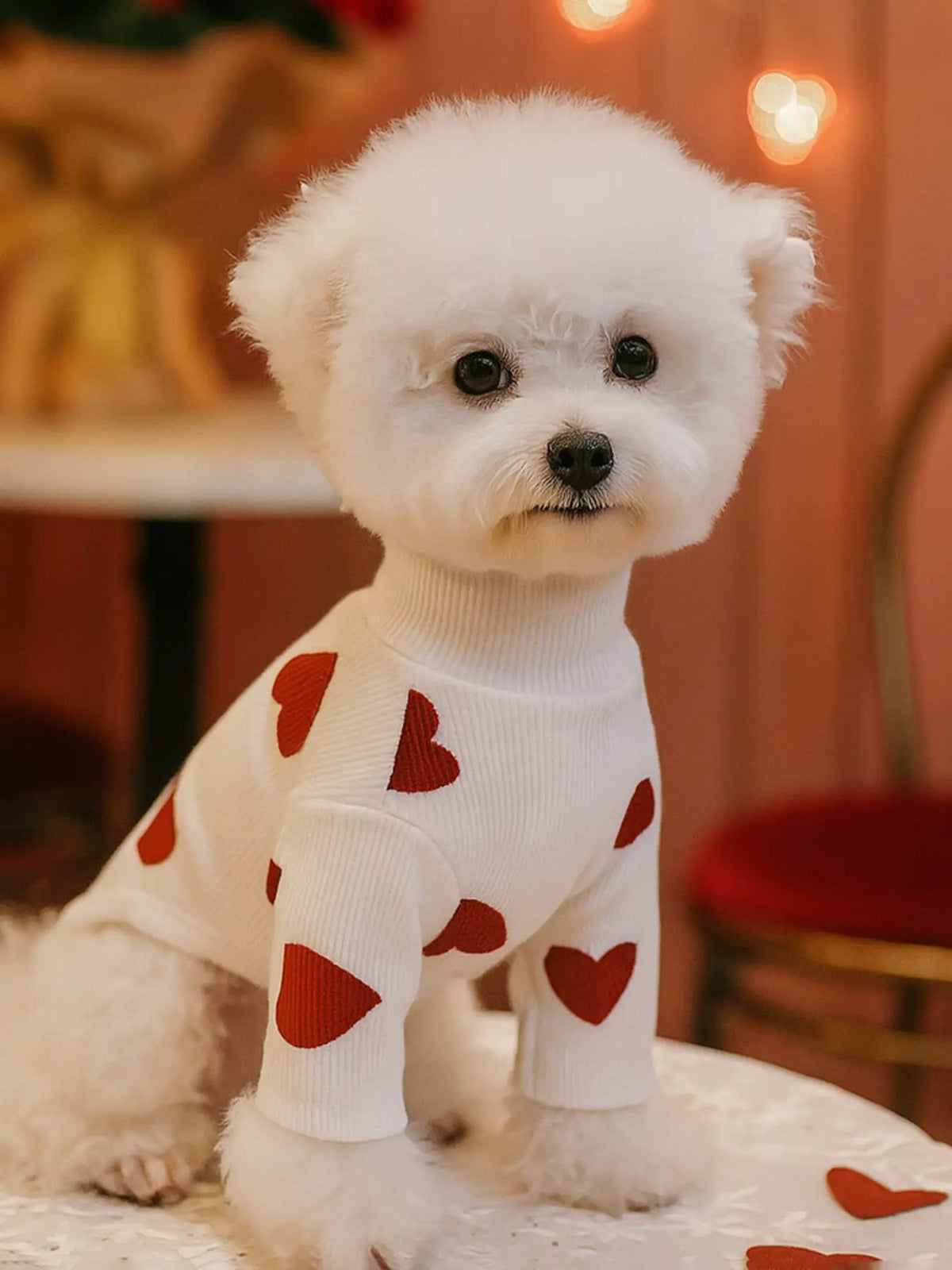 Heart Pattern Pet Sweater, white knit with red hearts for dogs.