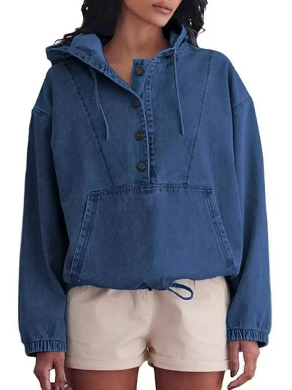 Casual hooded denim jacket with kangaroo pocket and drawstring hem, blue denim by Trendsi