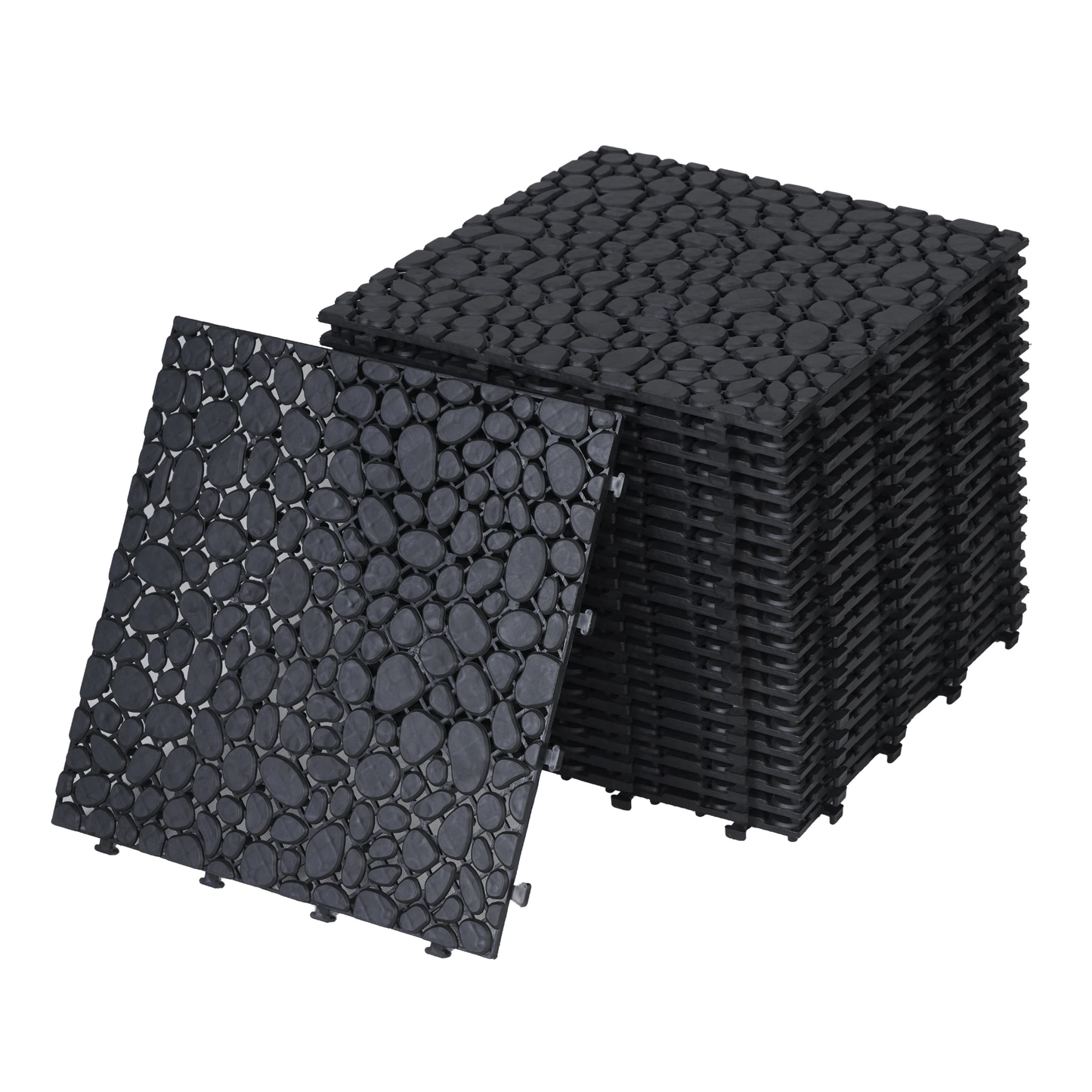 12 x 12 inch black interlocking deck tiles, plastic waterproofing, pebble pattern, pack of 12 by eprolo