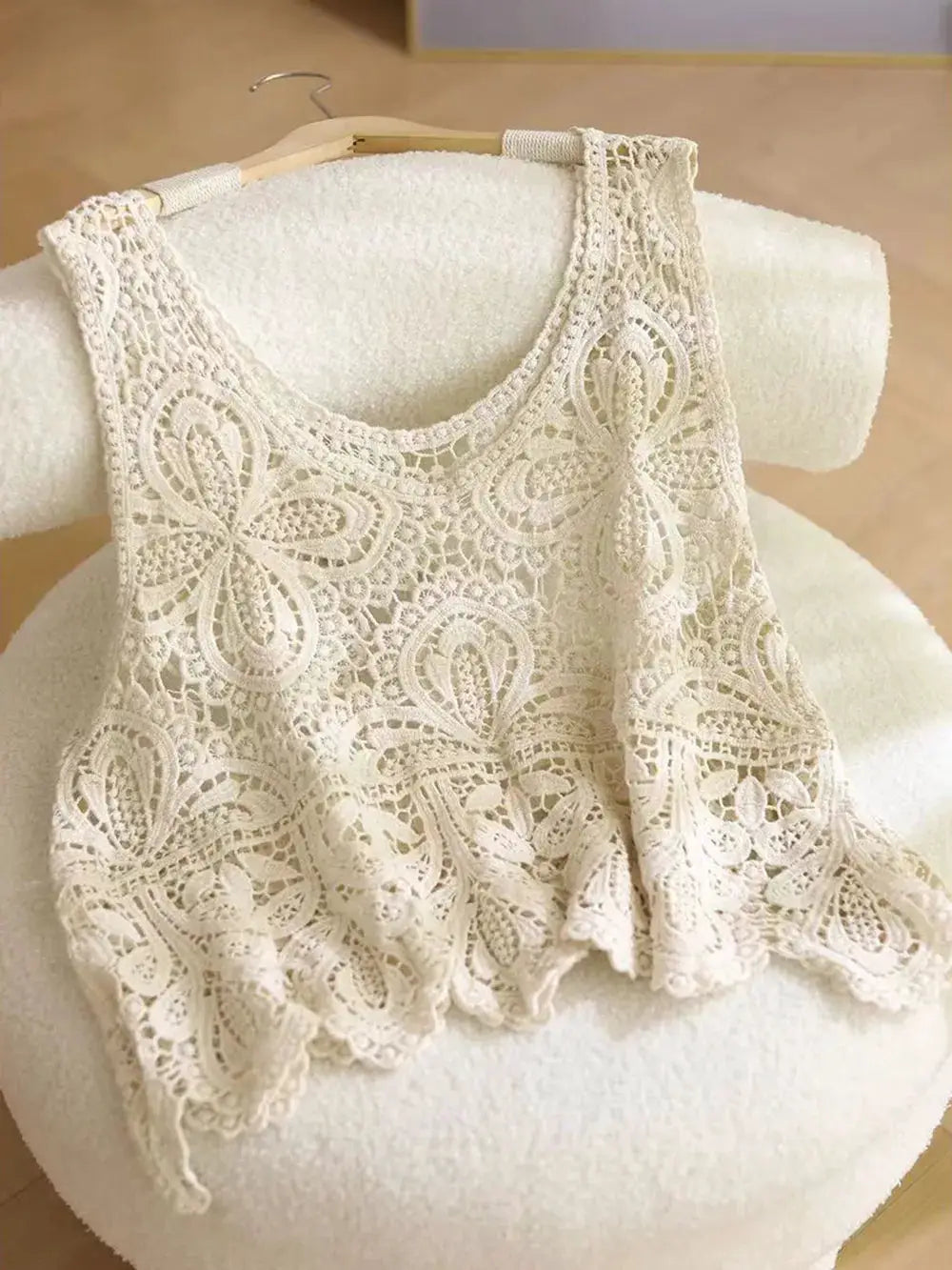Lightweight pure cotton sleeveless scoop-neck lace cover-up by Trendsi in ivory