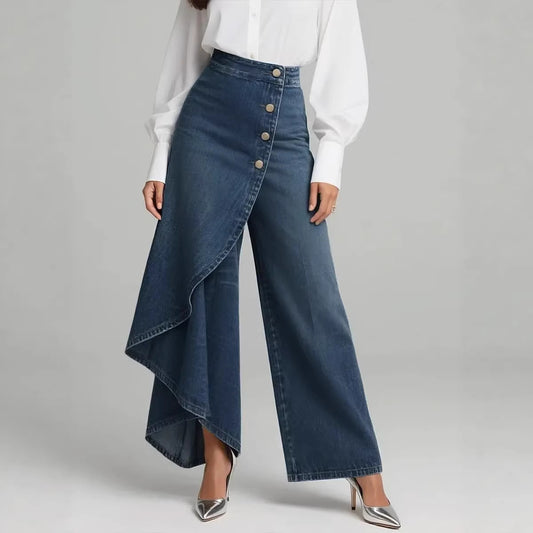 Pantalones únicos de pernera recta a la moda con volantes grandes y botones, pantalones de mujer, ropa vaquera de imitación