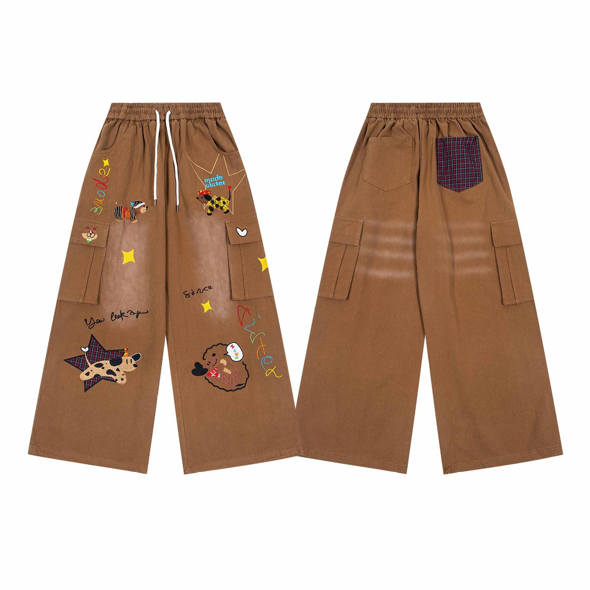Jean multipoches brodé patchwork chiot étoilé