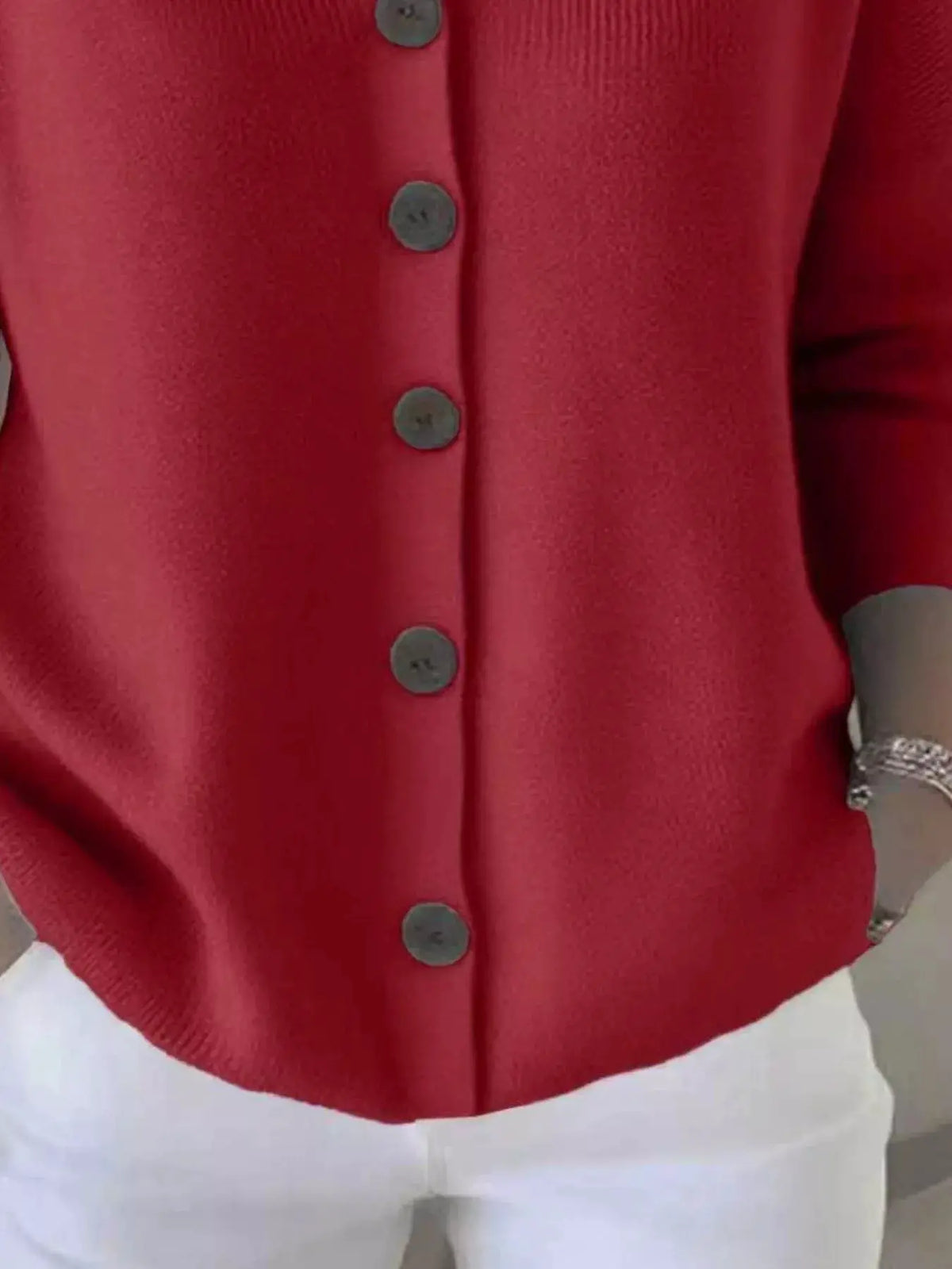 Plus Size red knit cardigan with gray front buttons