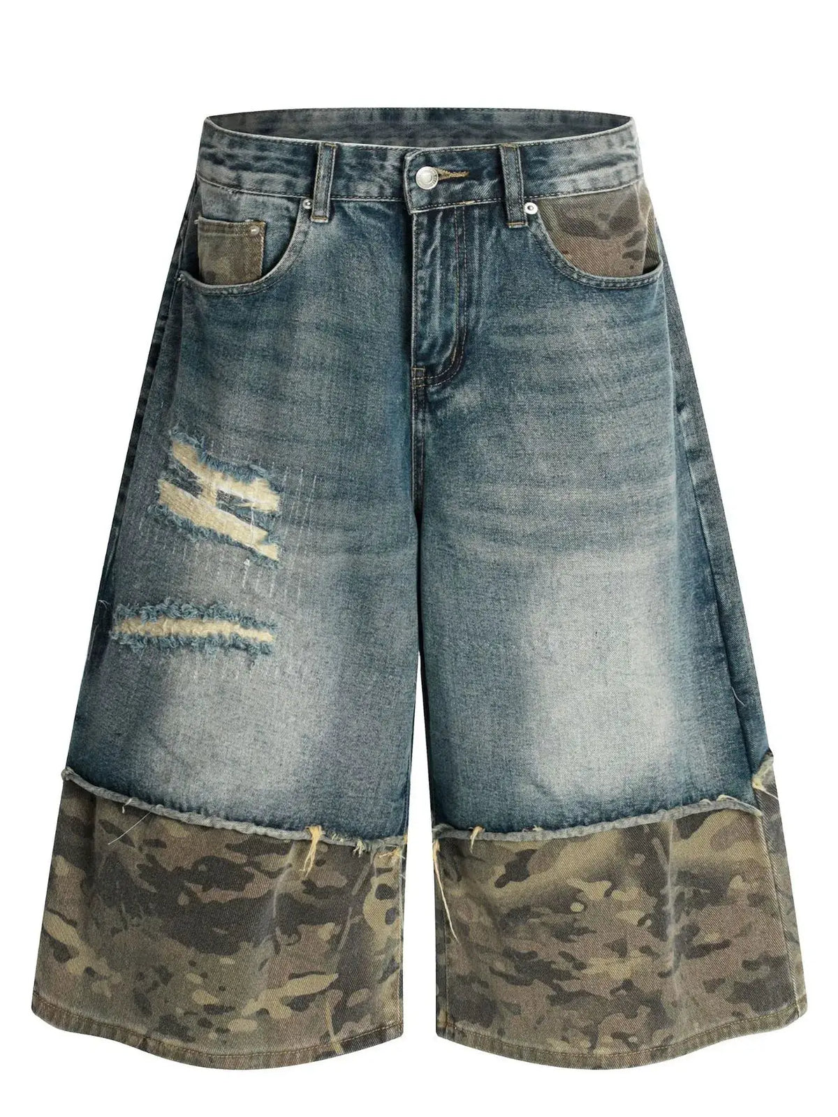 Mens Distressed camo-panel denim shorts with cotton stretch, blue denim with ripped patches
