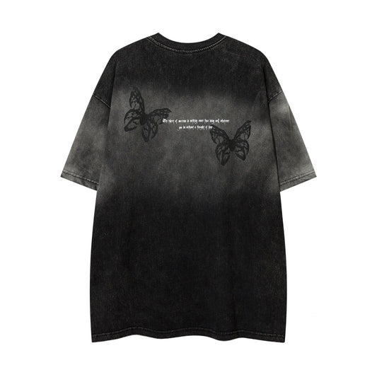 Gradient distressed butterfly embroidery short sleeved shirt