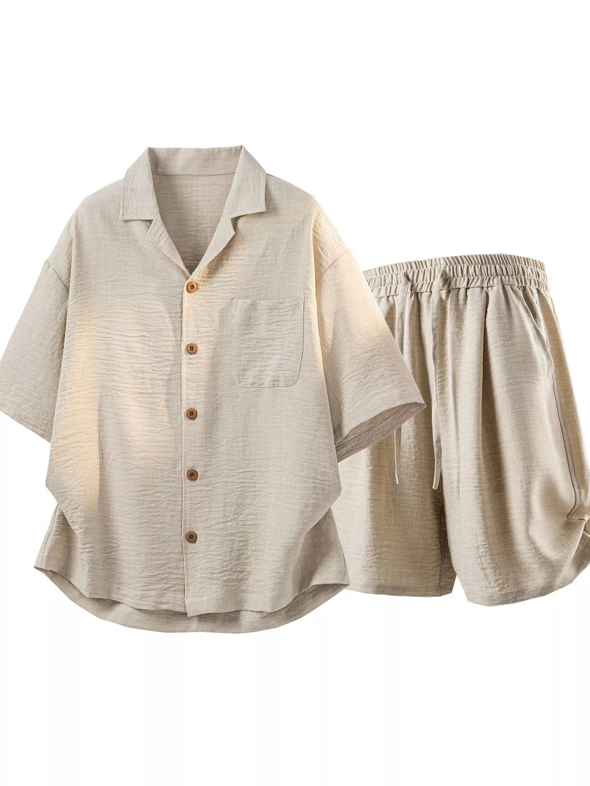 Men's plus-size beige linen-look short-sleeve shirt and drawstring shorts set, Trendsi