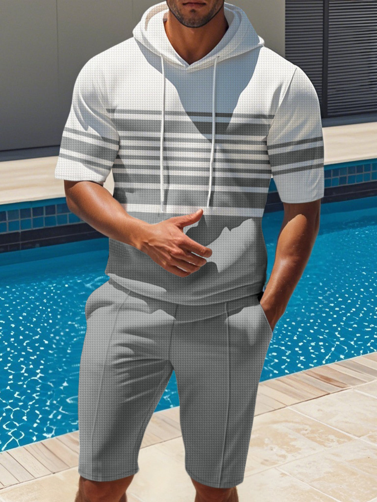 Men's striped short-sleeve hoodie and shorts set, light gray and white