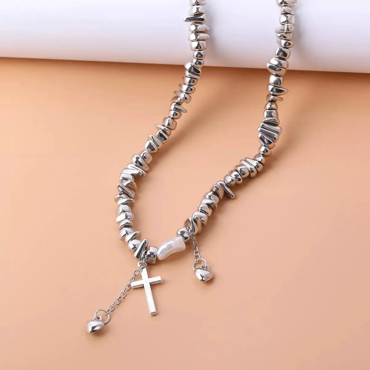 Chunky Chain Cross Pendant Necklace, silver-tone with two dangling charms