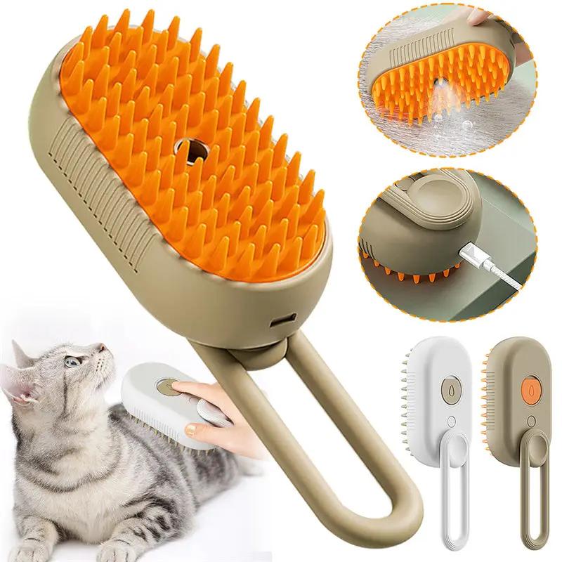 AdTec 3-in-1 cat grooming brush with orange bristles and beige body; variations in white and beige shown