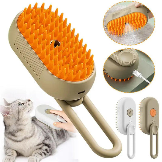 AdTec 3-in-1 cat grooming brush with orange bristles and beige body; variations in white and beige shown