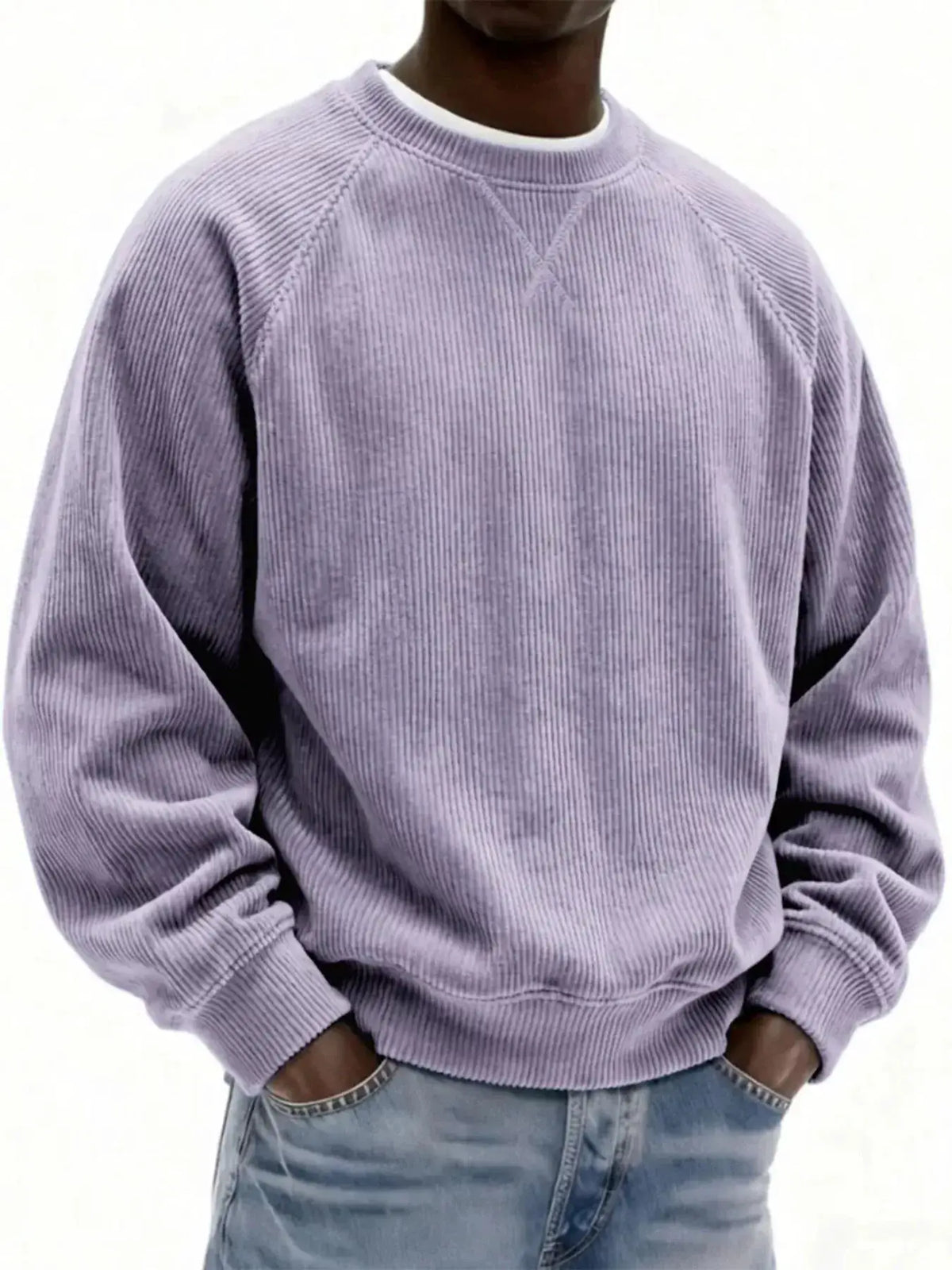 Mens plus-size lavender corduroy crew-neck sweatshirt, stretch cotton by Trendsi.