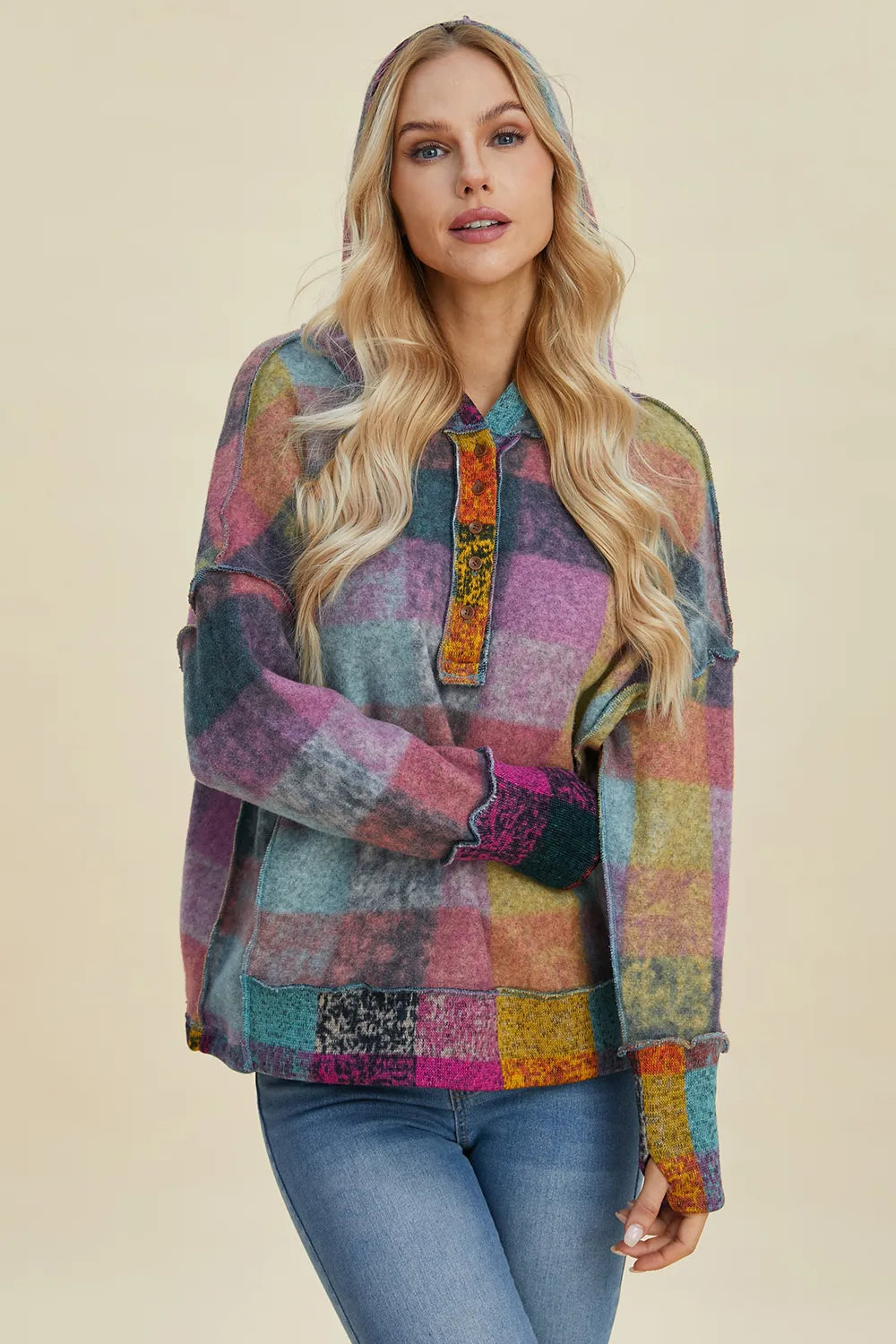 Double Take plaid fleece hoodie, plus-size, multicolor dropped-shoulder with button placket by Trendsi.