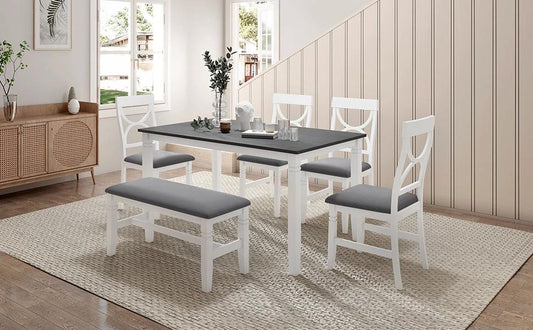 TOPMAX 6-Piece Wood Dining Table Set Kitchen Table Set with Upholstered Bench and 4 Dining Chairs, Farmhouse Style Gray+White by eprolo