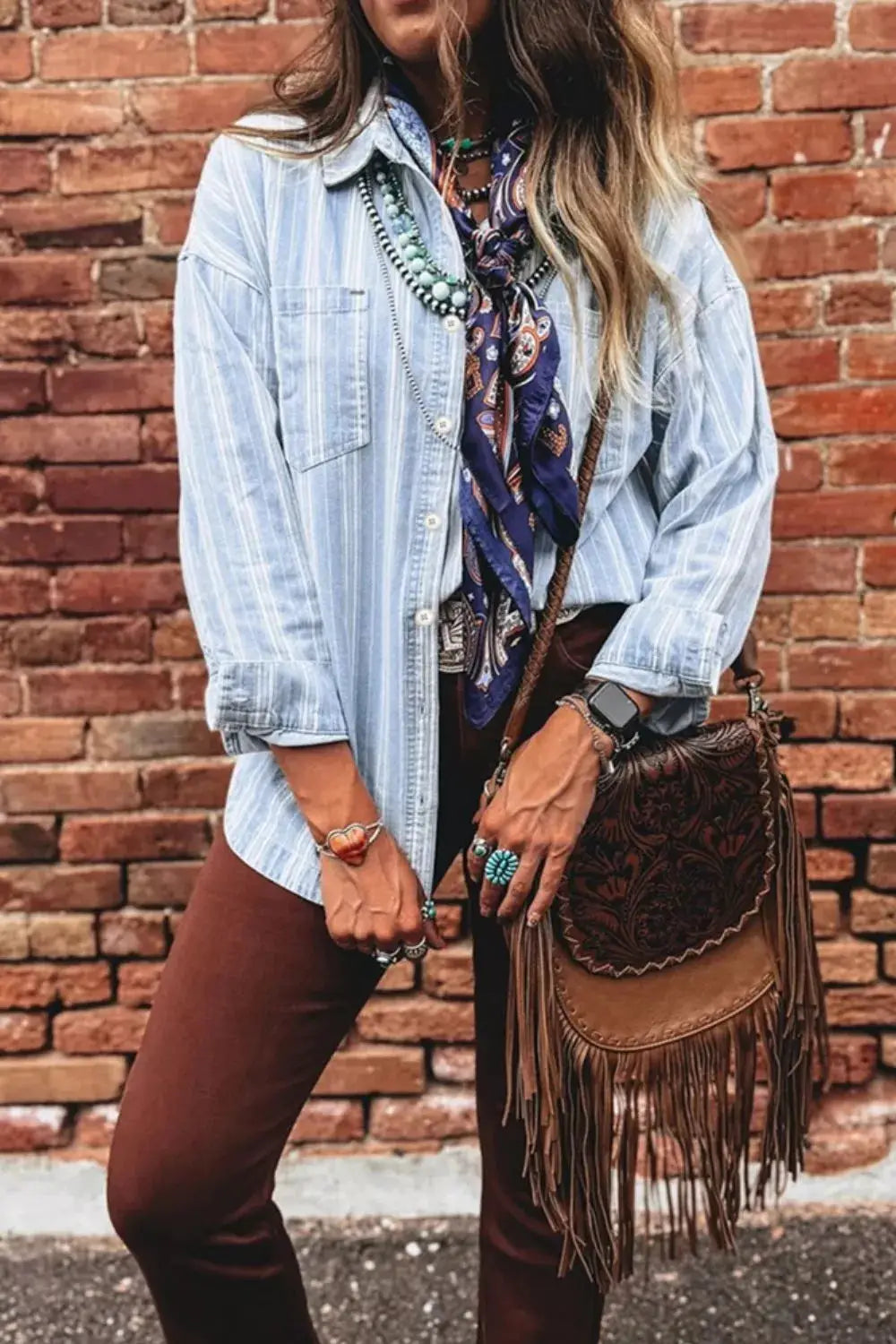 Striped light blue boyfriend denim shacket with chest pocket and raw hem by Trendsi.