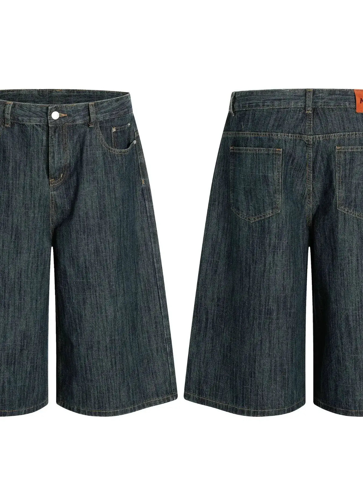 Men's relaxed fit denim shorts, dark blue cotton blend, front and back views with pockets and orange patch.