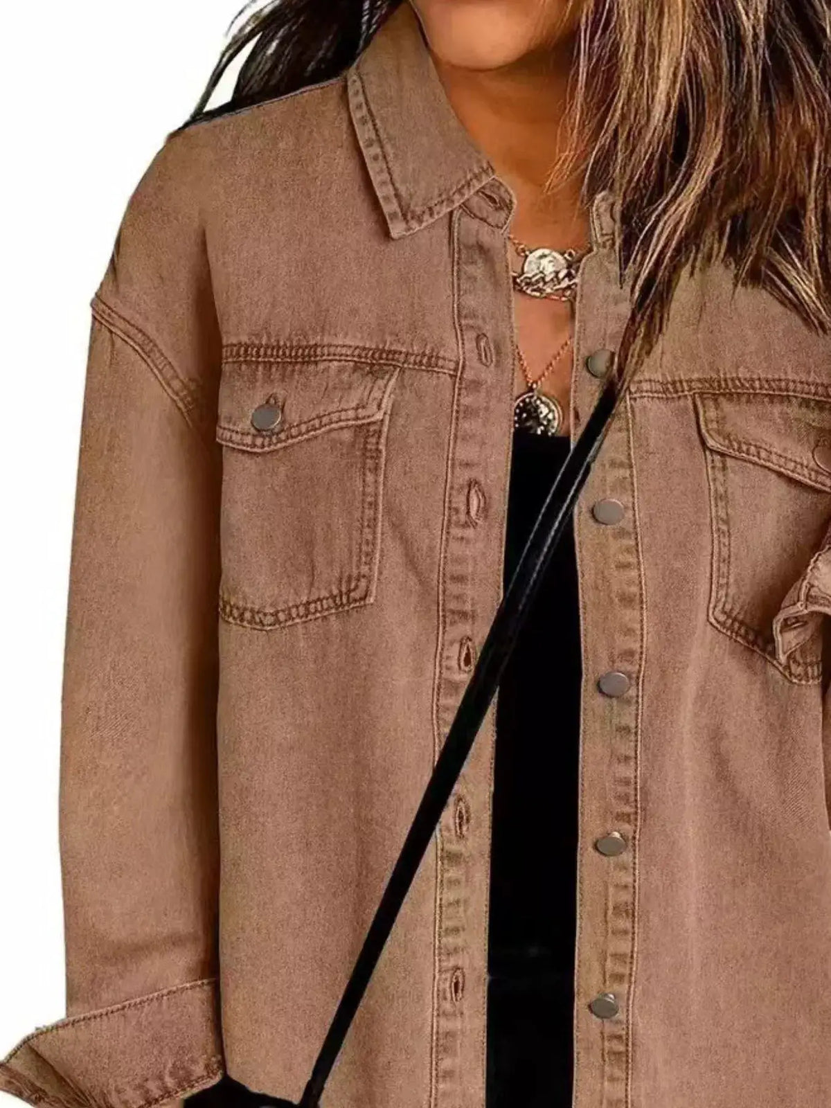 Denim jacket with frayed hem, tan color, button-up front and chest and side pockets