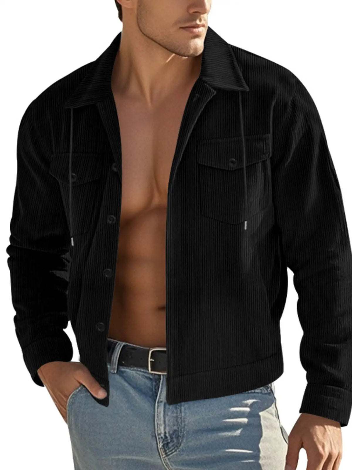 Men's corduroy button-up jacket by Trendsi in black; plus-size, open-front with chest pockets