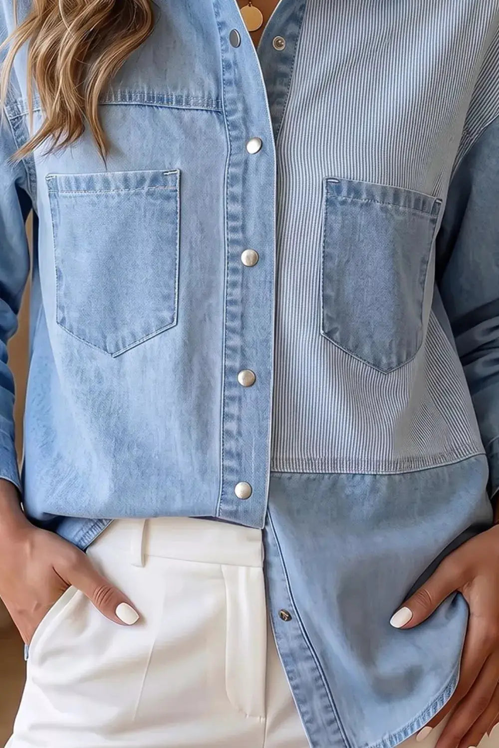 Two-Tone Denim Patchwork Button-Down Shirt by Trendsi with front pockets