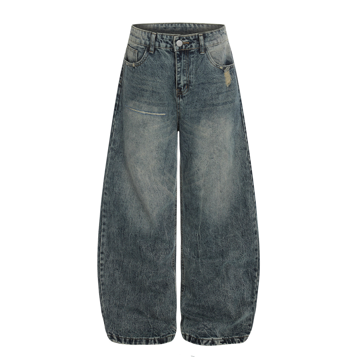 Distressed cat-whisker wide-leg jeans in blue denim with ripped patch and floor-length.