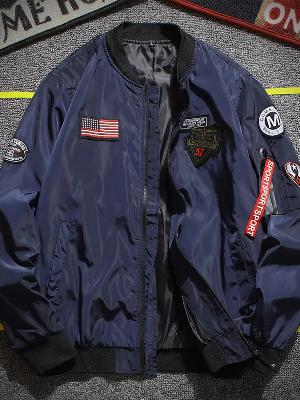 Men's plus-size military-inspired patched bomber jacket, navy with USA flag patches, Trendsi