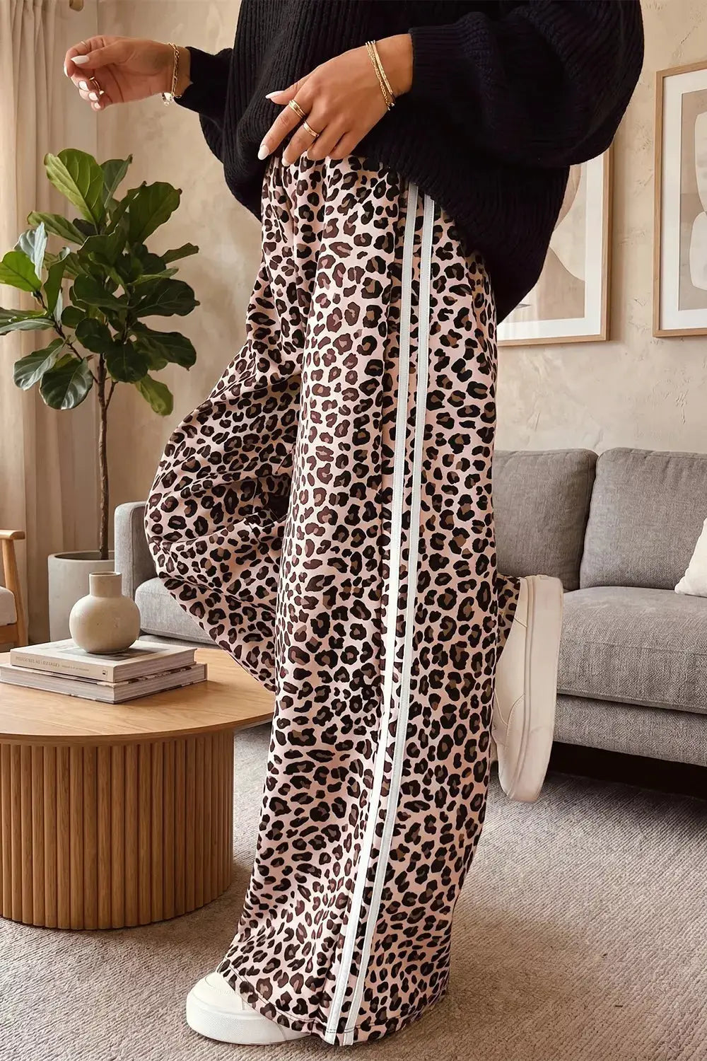 Leopard print side-striped palazzo pants by Trendsi, beige with black spots, wide-leg