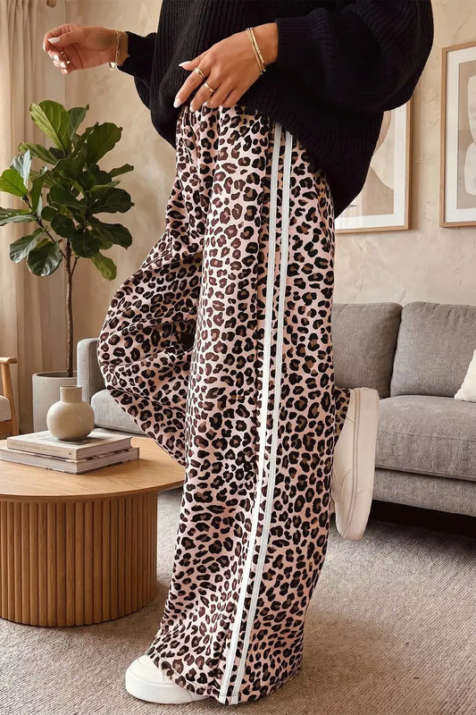 Leopard print side-striped palazzo pants by Trendsi, beige with black spots, wide-leg