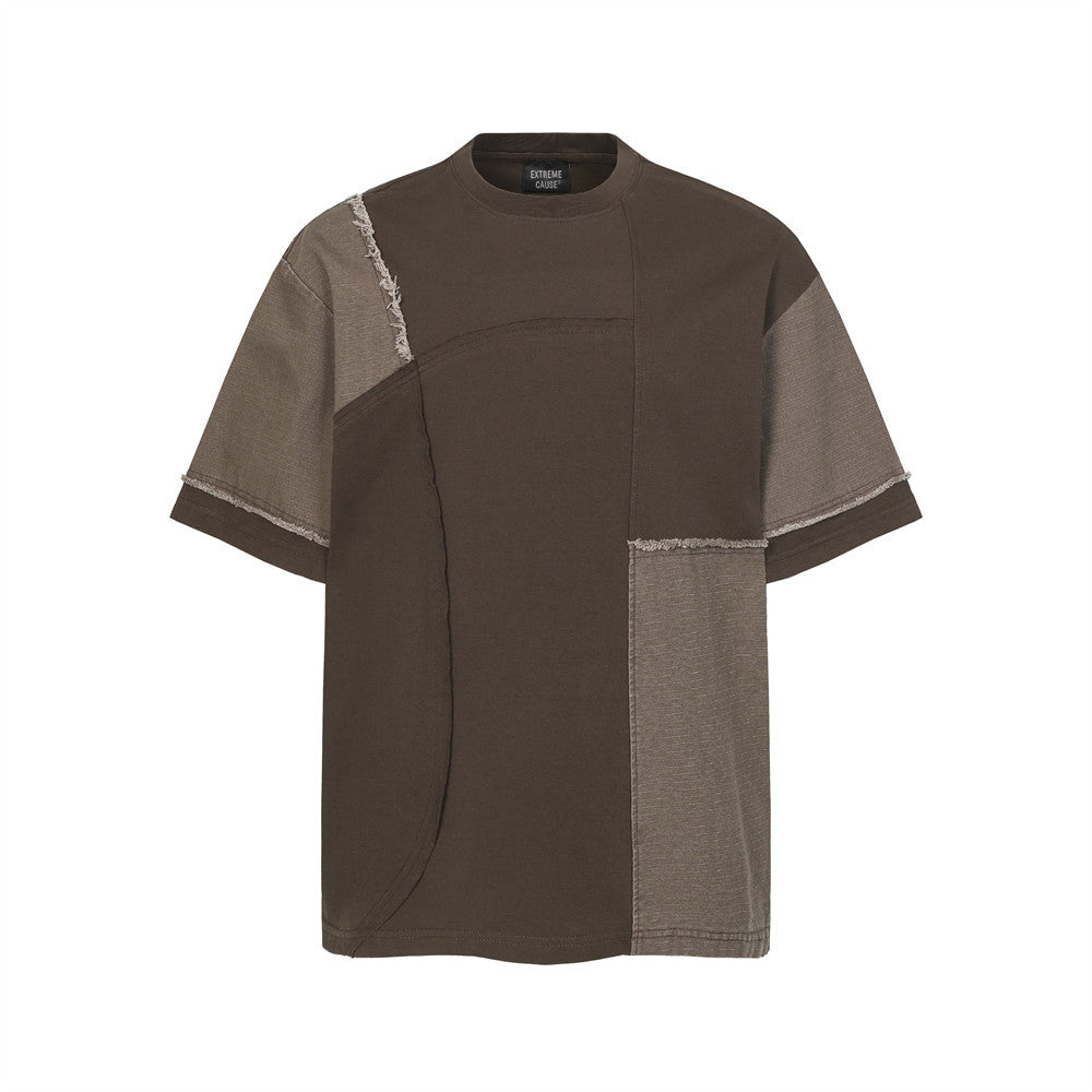 Irregular color-blocked fringed short-sleeve T-shirt by eprolo; brown and taupe patchwork with frayed seams