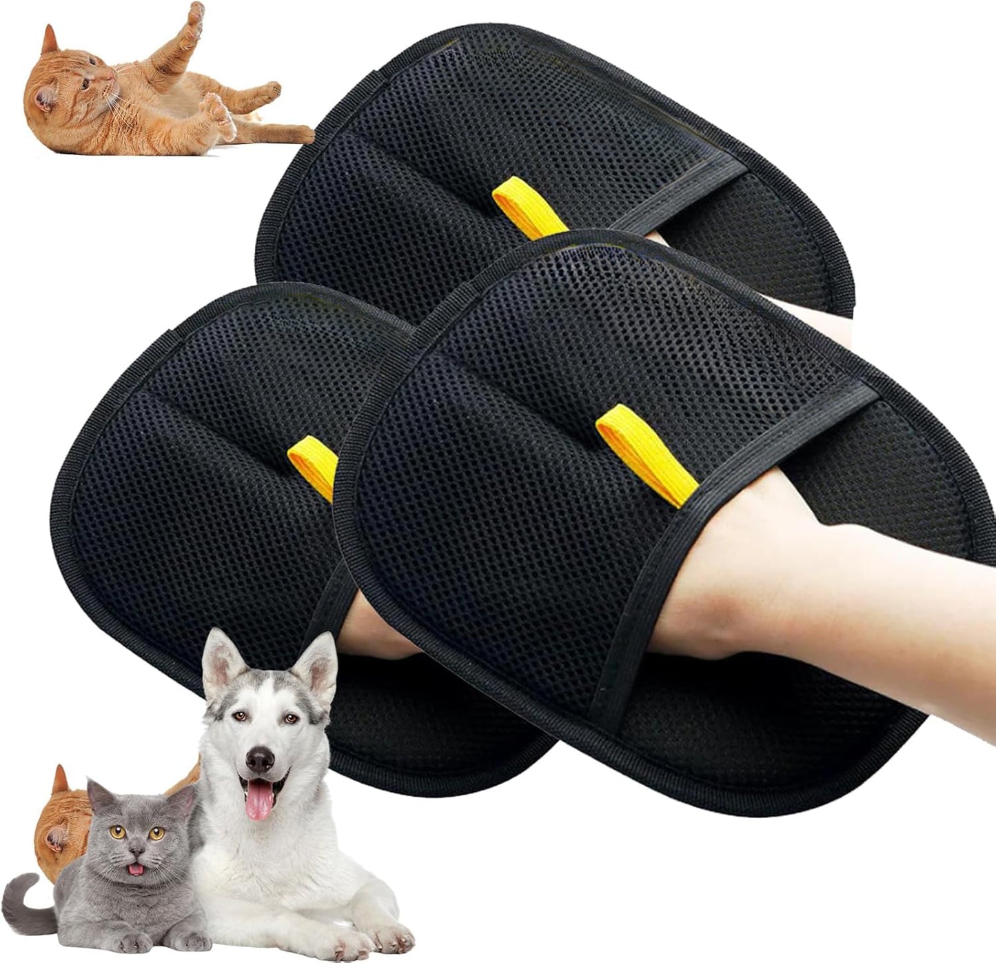 AdTec pet hair removal gloves, black mesh with yellow pull-tabs, for cats and dogs.
