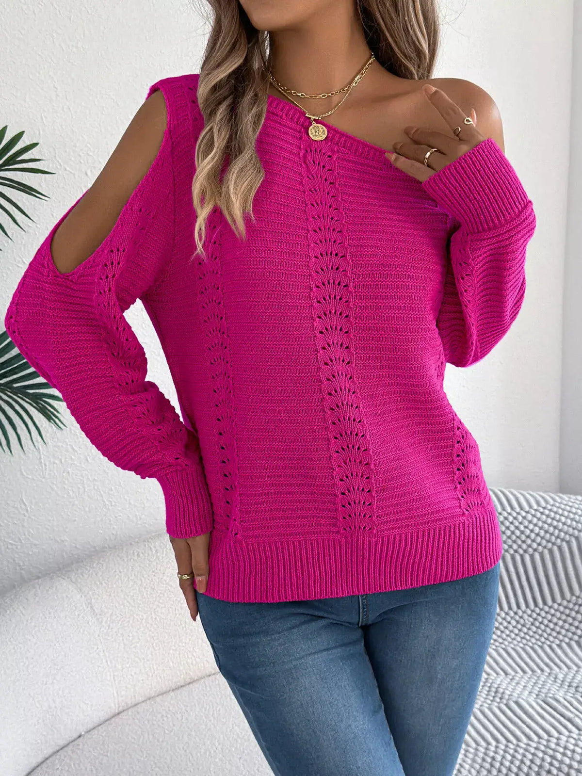 Openwork pink one-shoulder knit sweater by Trendsi with cutout shoulder and long sleeves