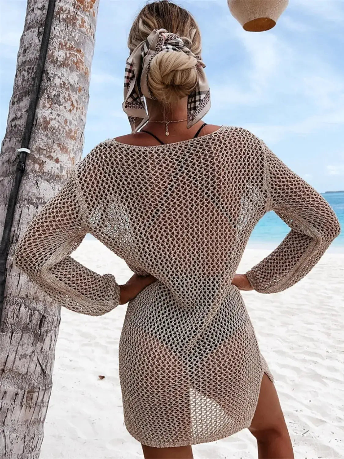 Trendsi beige sheer openwork knit cover-up with long sleeves at the beach