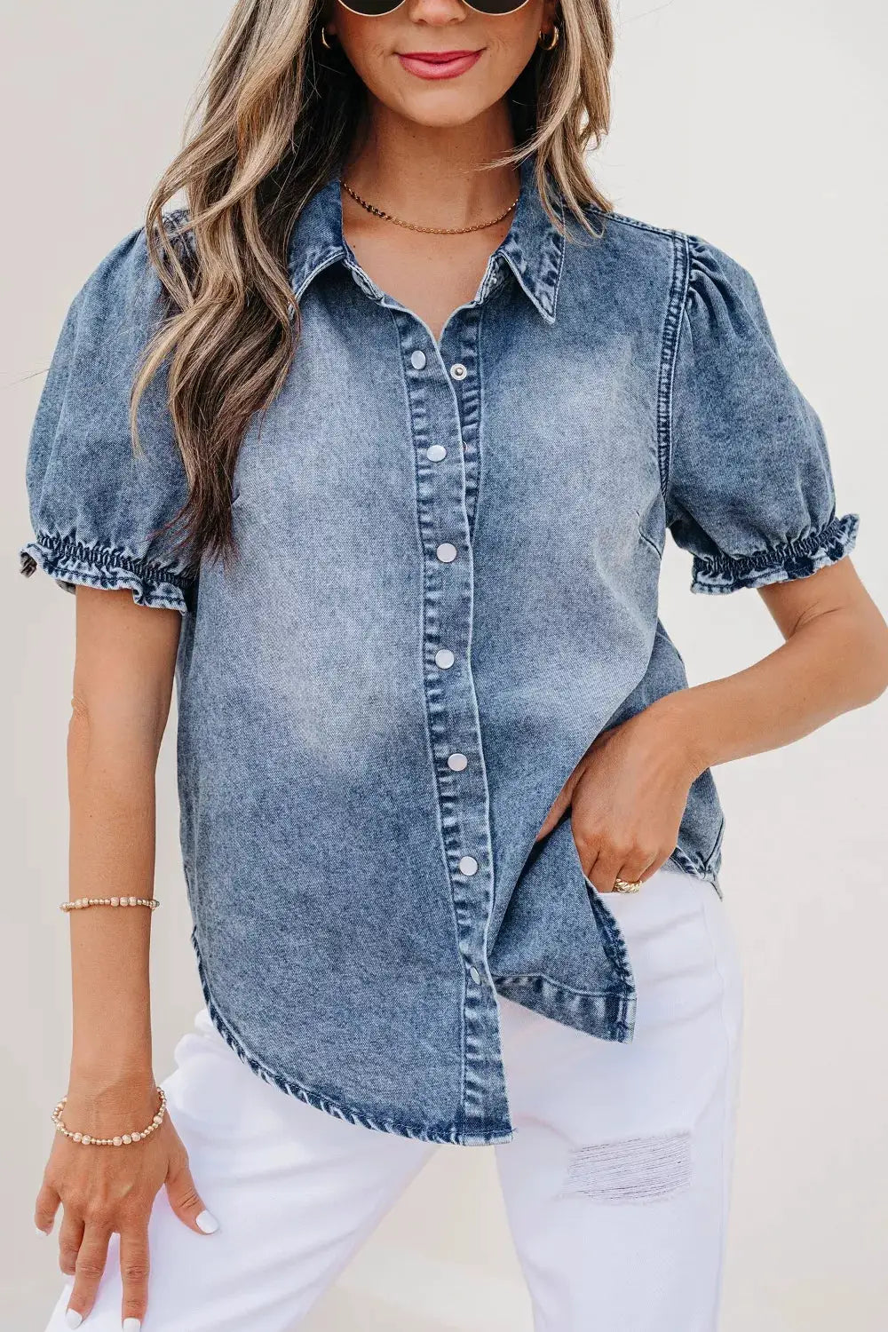 Girls frilled short-sleeve snap-button lightweight denim shirt, blue wash.