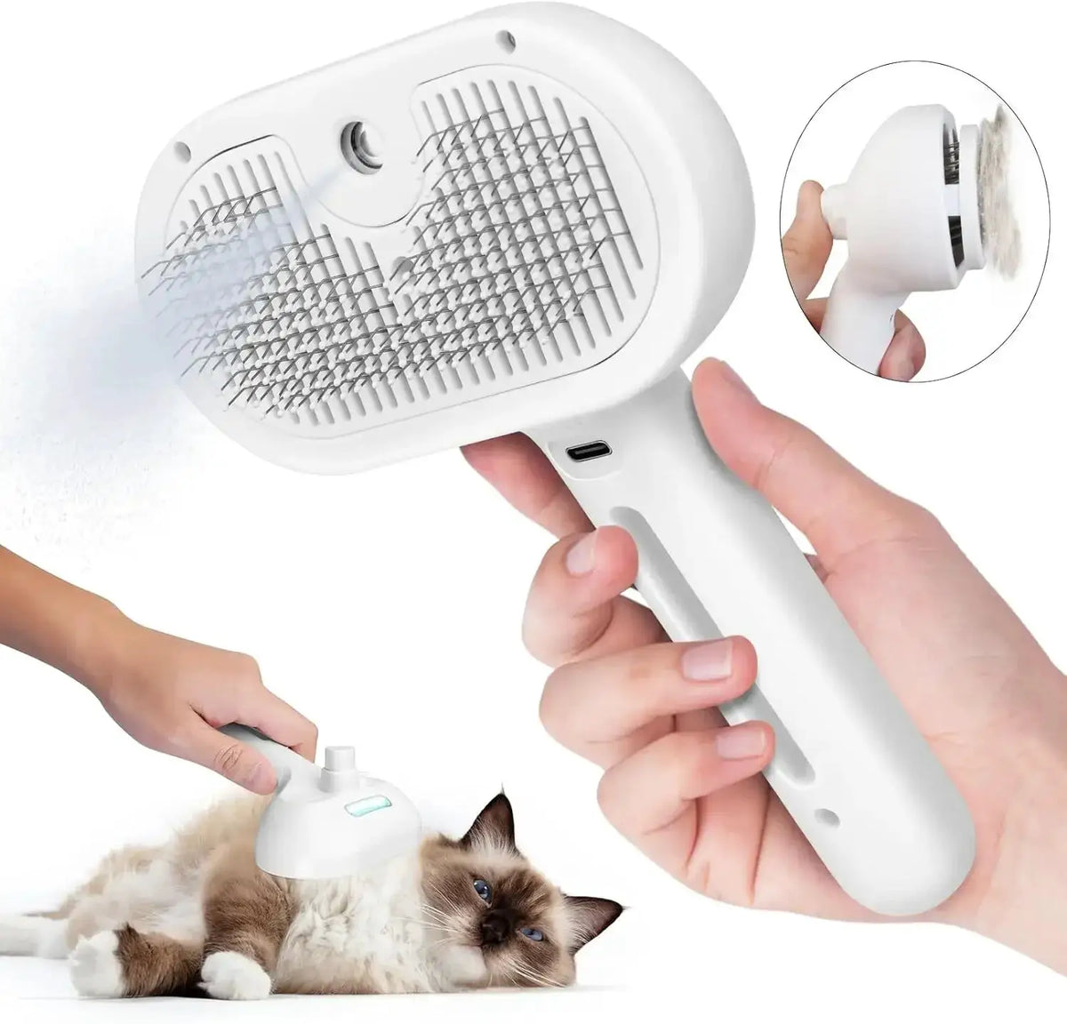 Pet Hair Spray Comb grooming brush by AdTec; white plastic, built-in spray for cats