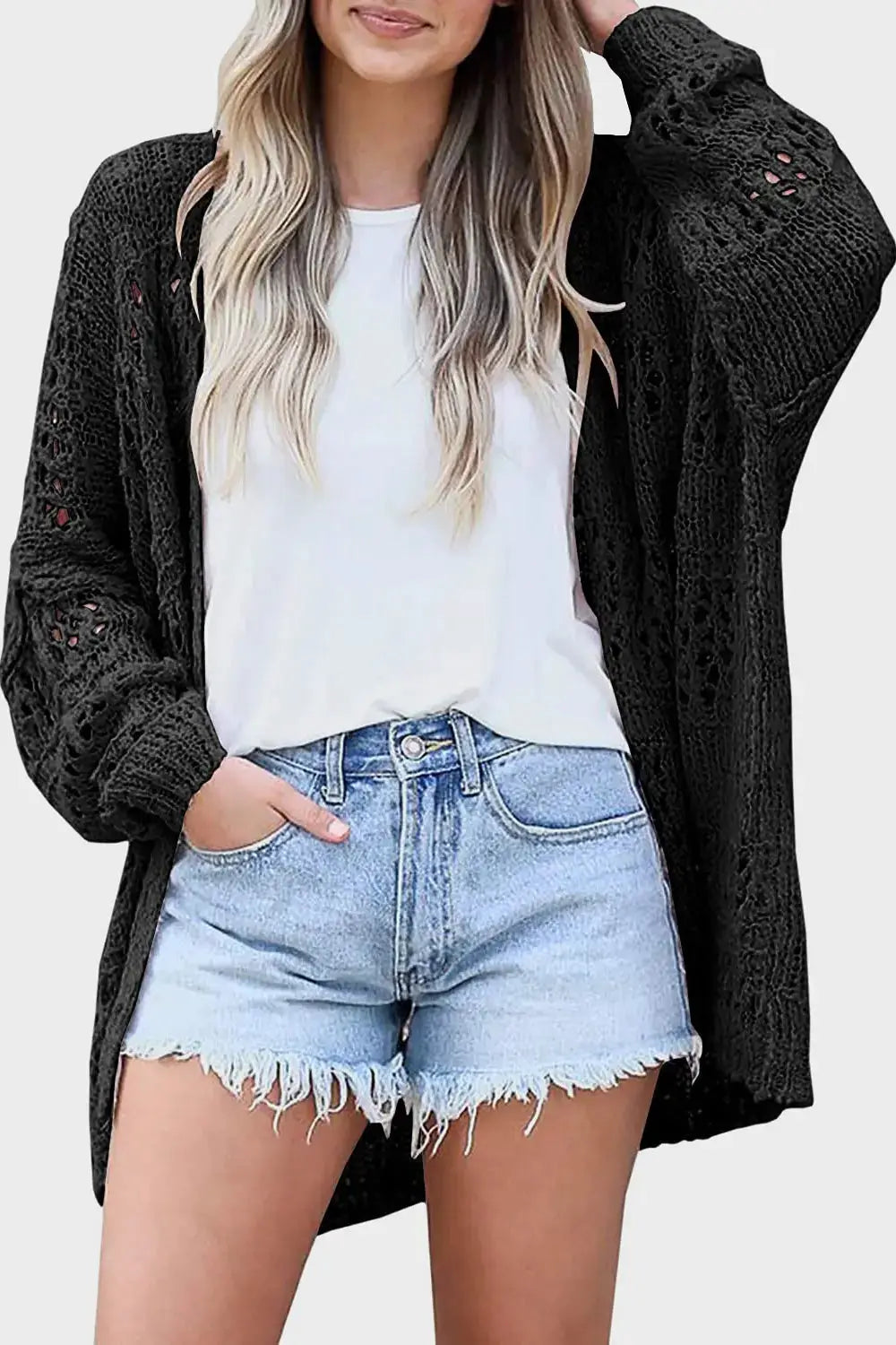 Openwork acrylic cardigan, black, open-front with long sleeves and stretchy knit