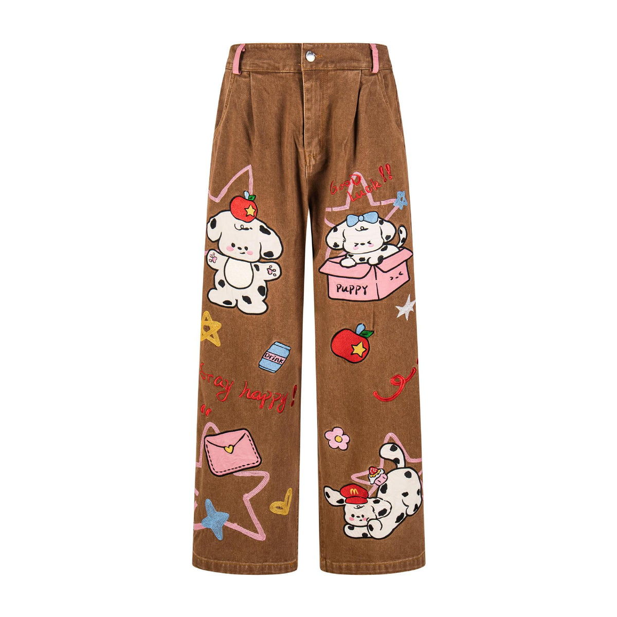 Maillard puppy patch embroidered jeans in brown denim with cartoon dog patches