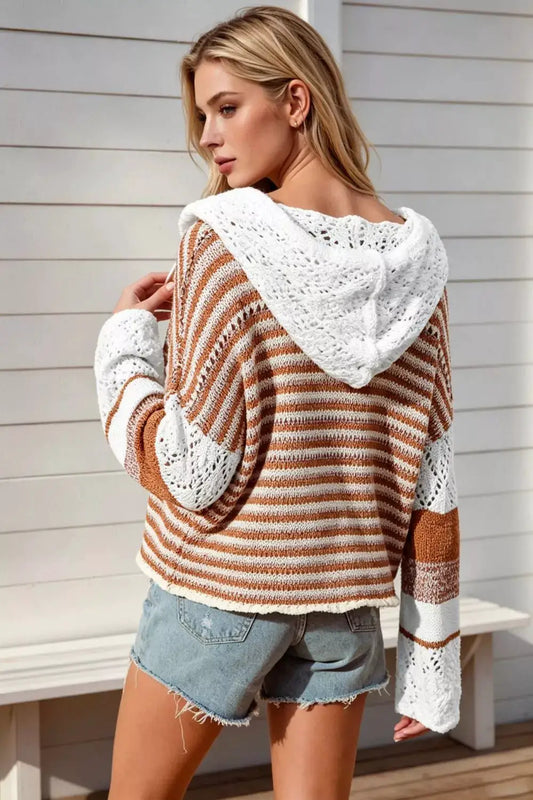 Double Take plus-size openwork hooded sweater with brown and white stripes; long sleeves, relaxed fit