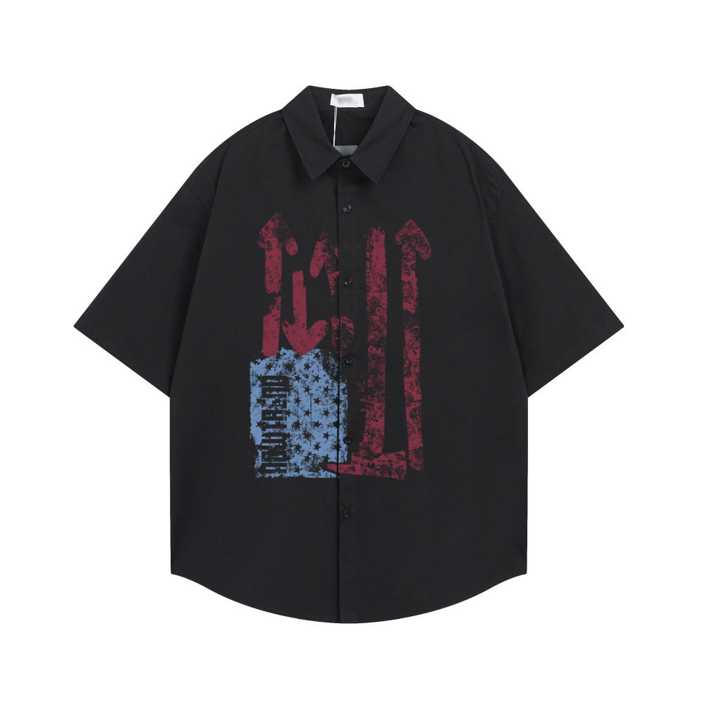 eprolo color-block graffiti print short-sleeve shirt, black with red vertical shapes and blue panel