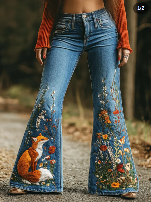 Jean évasé délavé brodé de fleurs Forest Fox