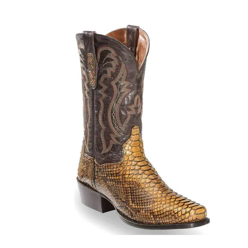 Cavanaugh men's quilted pointed-toe boots with embroidery, AdTec brown snakeskin foot, dark shaft with rugged style