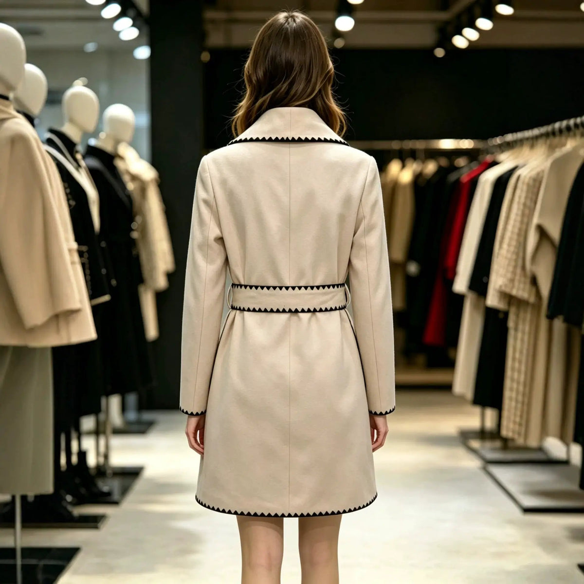 French inspired wool coat with notched lapel beige with black zigzag trim, autumn style by eprolo