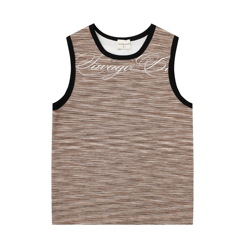 Color woven striped sports vest by eprolo with black trim around neckline and armholes