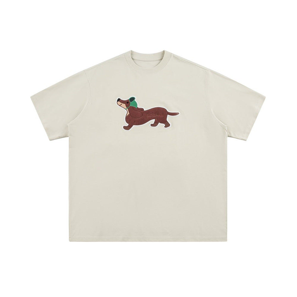 Dog-embroidered pure cotton short-sleeve shirt, beige T-shirt by eprolo
