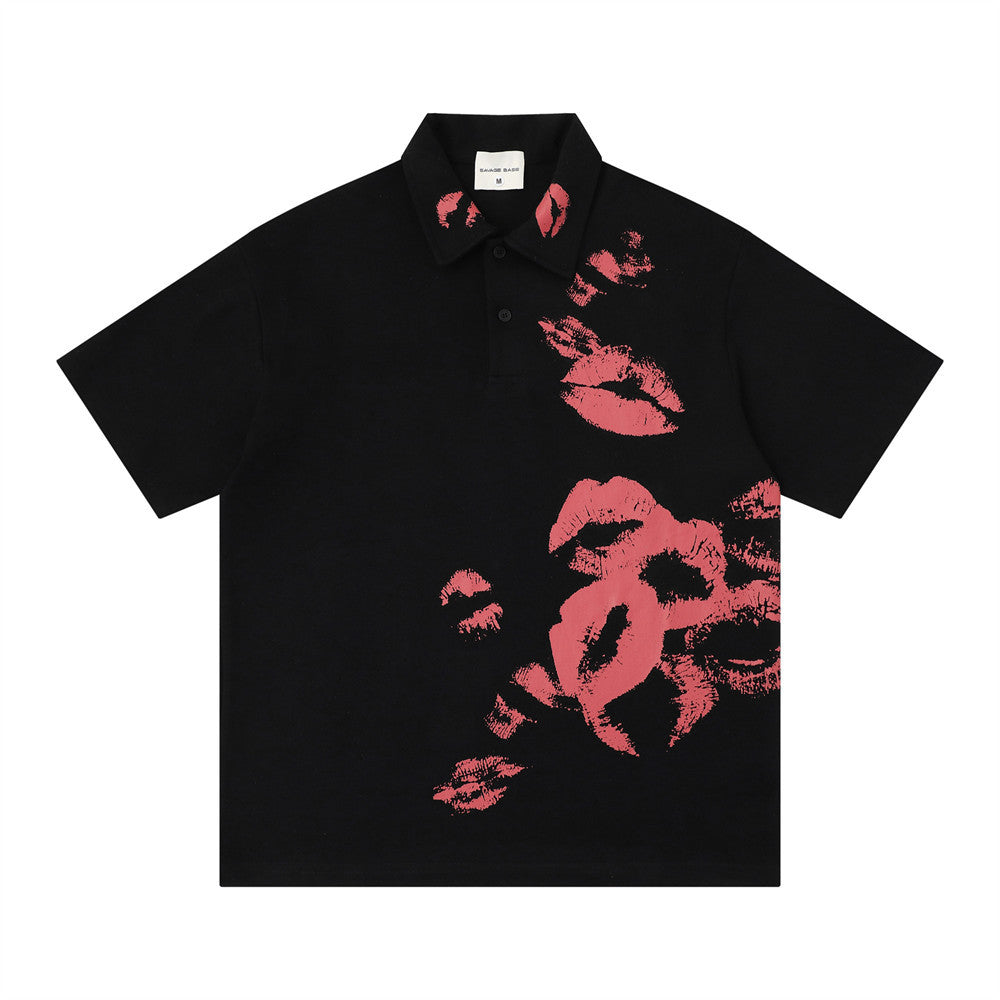 eprolo lip print polo shirt, black polo with pink lip graphic