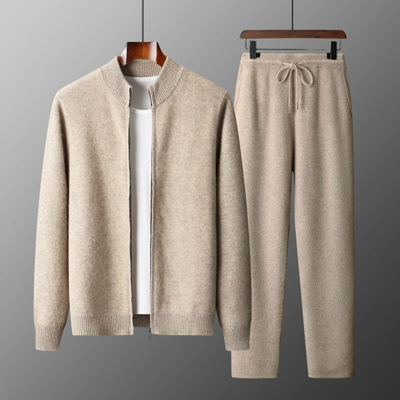 Men's 100% Australian wool cardigan jacket and pants set; beige, stand-collar zip, two-piece, eprolo