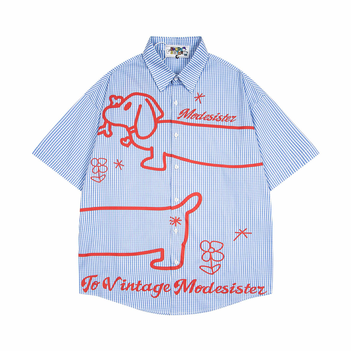 Sausage dog printed blue and white striped shirt with red graphic by eprolo